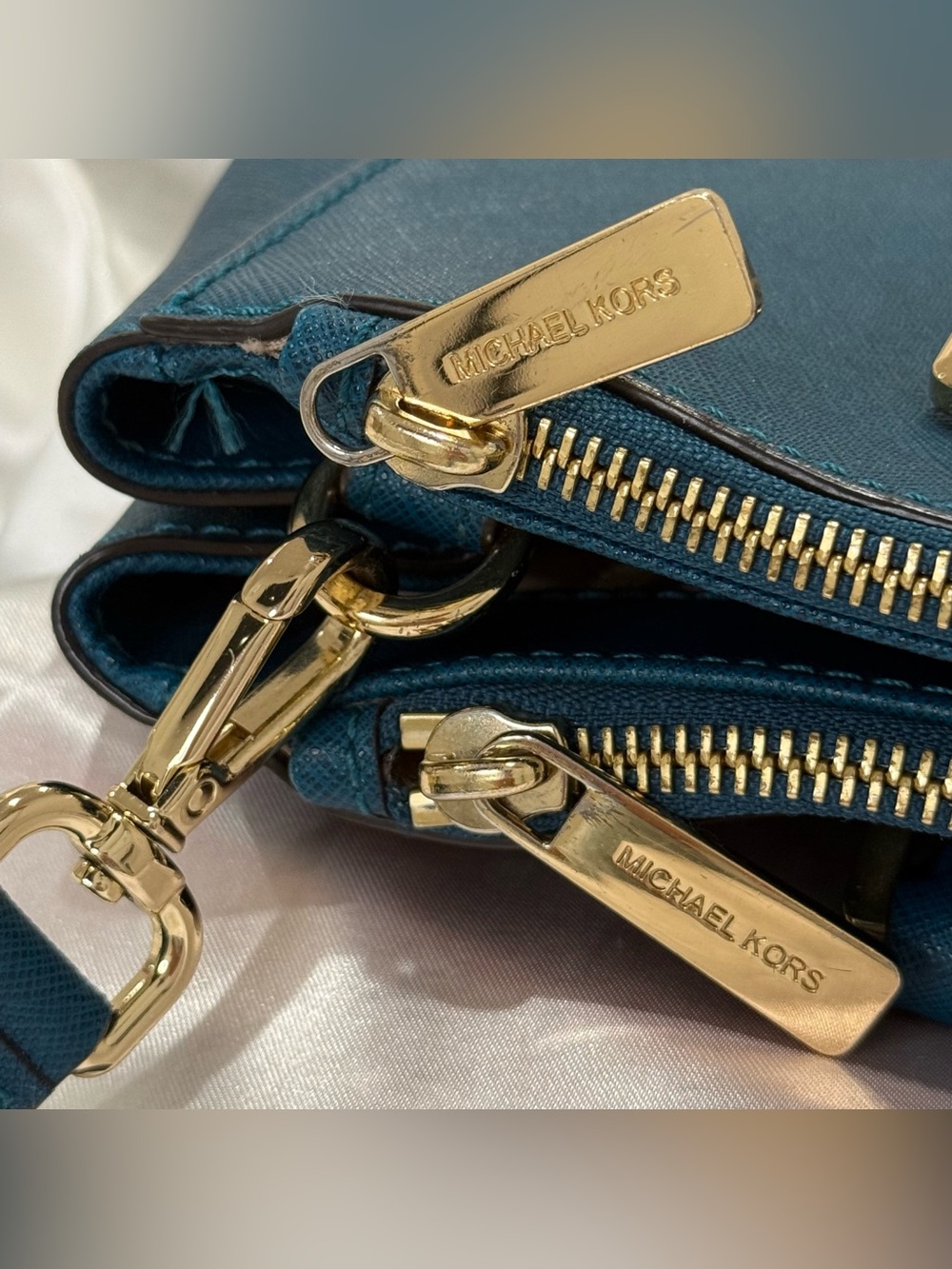 Michael Kors Sutton Medium Satchel Deep Teal Leather Crossbody Classic City Chic - Picture 14 of 16